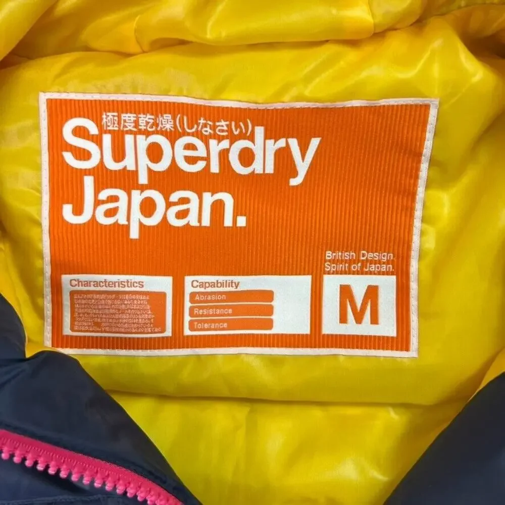Superdry Japan Puffer Vest Womens M Blue Yellow Zip Up New Active Gorpcore